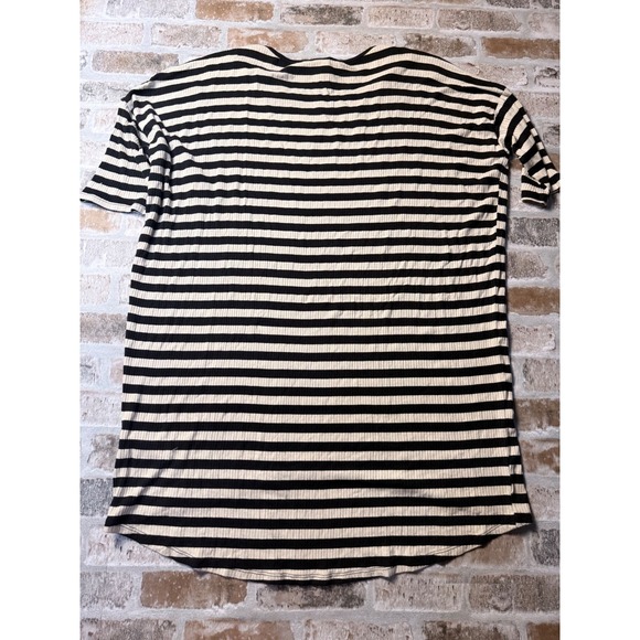 LuLaRoe Striped Tunic Top Womens Medium Black White Ribbed High Low Short Sleeve - Picture 6 of 7